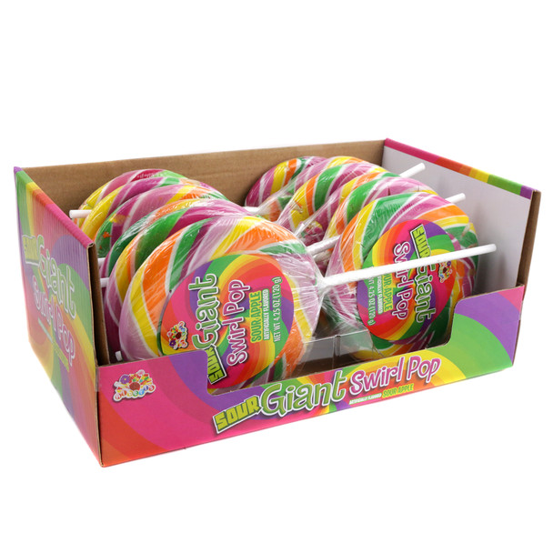 Alberts Sour Giant Swirl Pops, 12 individually wrapped 4.25oz rainbow swirl lollipops.