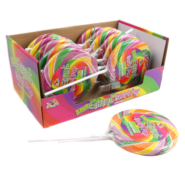 Alberts 12-pack giant 4.25oz sour rainbow swirl lollipops, individually wrapped.