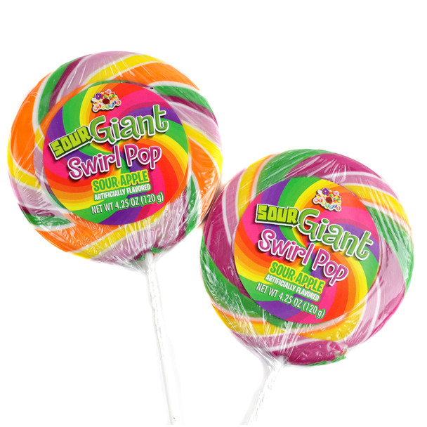 Alberts Giant Sour Swirl Pops, 12 individually wrapped 4.25oz rainbow lollipops with a sour punch.