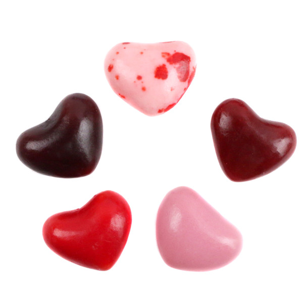 Jelly Belly Cherry Lovers heart-shaped pink, red jelly beans. Bing, Black, Cola, Cheesecake cherry flavors, approx 140 per pound.