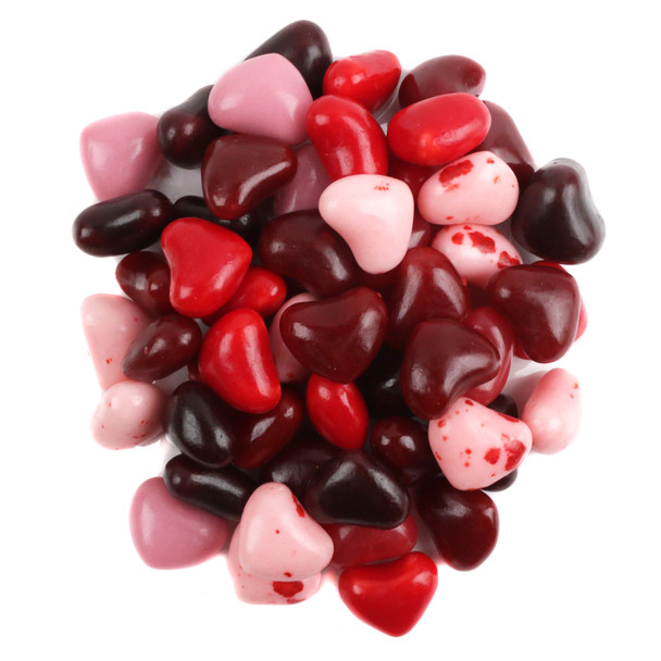 Vibrant pink and red heart-shaped Jelly Belly Cherry Lovers jelly beans, approx. 140 per pound, real cherry juice.