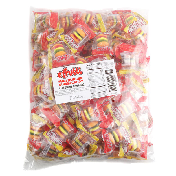 Efrutti Gummy Mini Burgers 2LB bag, approx. 100 colorful gummy burgers, yellow buns, green lettuce, cheese, brown patties.
