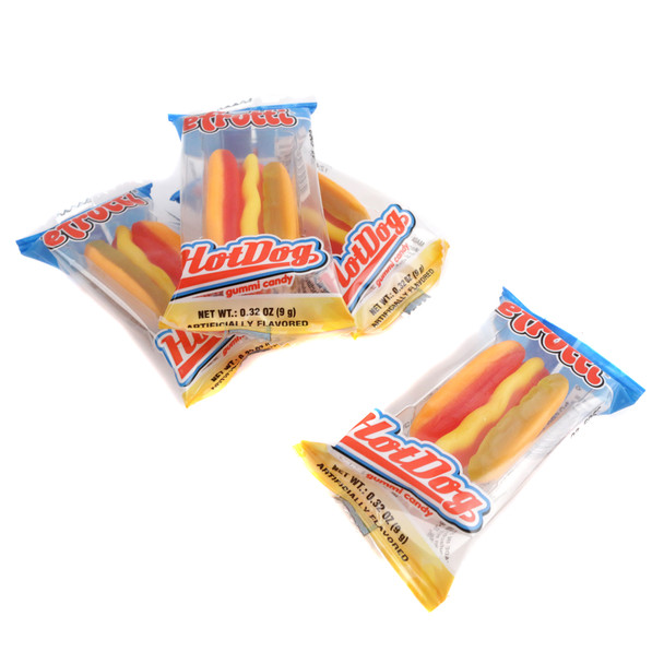 Efrutti Gummy Hot Dogs, mini hot dog shaped candies with gummy bun, hot dog, yellow mustard, red ketchup. 2lb bag.