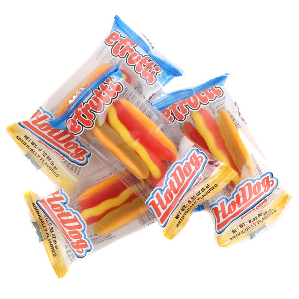 2lb bag of Efrutti Gummy Hot Dogs. Mini candies with yellow buns, red hot dogs, yellow mustard, and red ketchup.