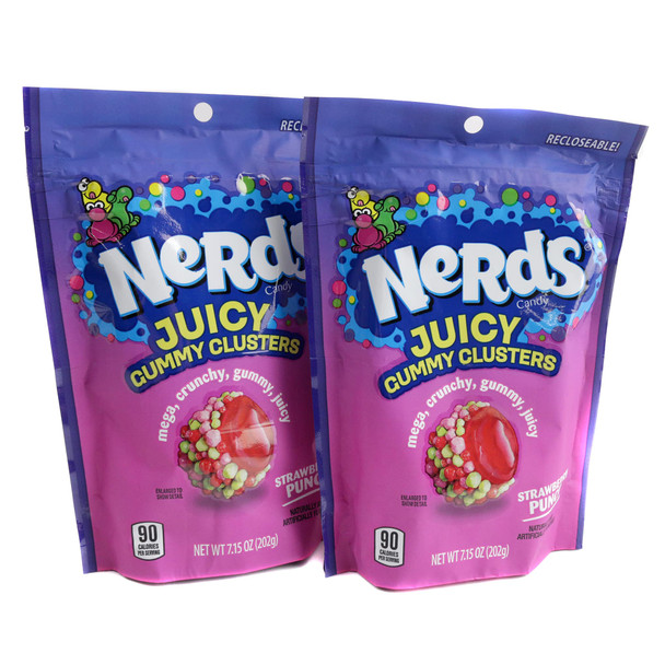Six 7.15oz bags, Nerds Juicy Gummy Clusters, colorful red strawberry gummy centers, crunchy Nerds candy coating.