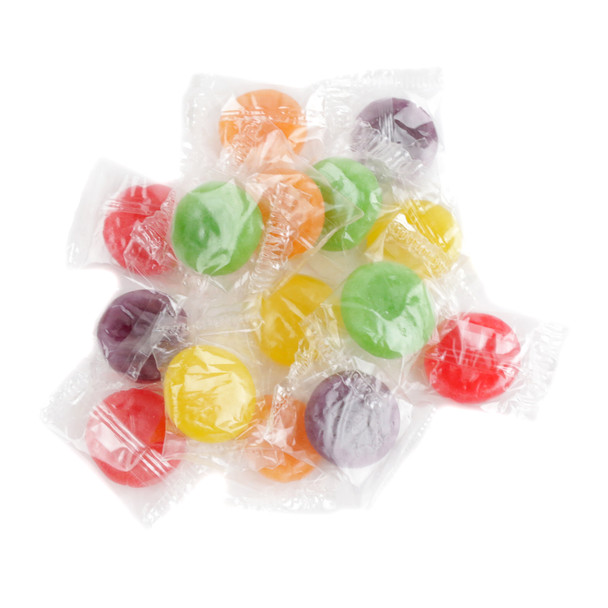 Vibrant Sunrise Hard Candy Assorted Fruit Mix, 80 pieces per pound, colorful citrus, berry, apple, cherry, lemon, orange flavors.