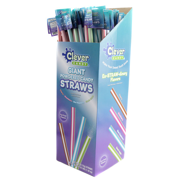 85 Giant Powdered Candy Straws box, vibrant red cherry, blue raspberry, strawberry, green apple flavors.