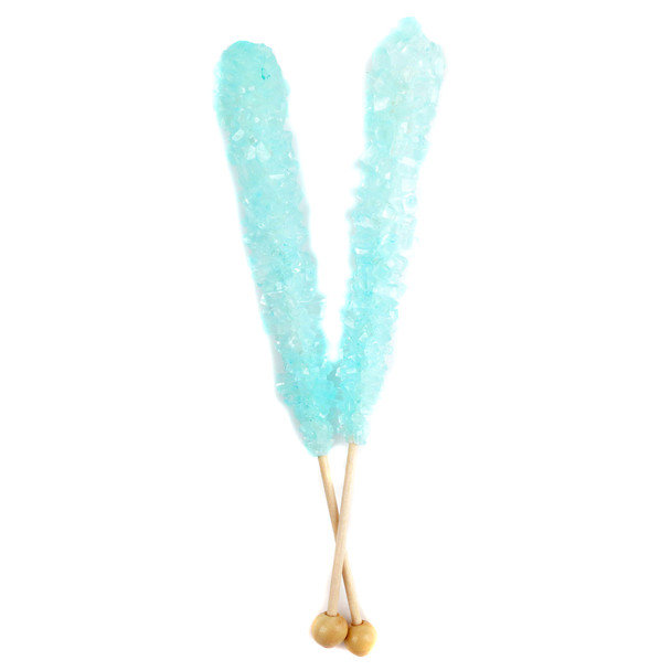 12 light blue cotton candy rock candy sticks, individually wrapped, 6 inches, crystallized sugar.