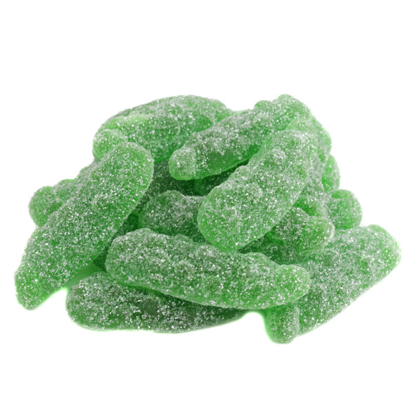 Vidal Sour Gummy Pickles Candy, green, pickle-shaped, sour sugar-dusted, chewy, many pieces.