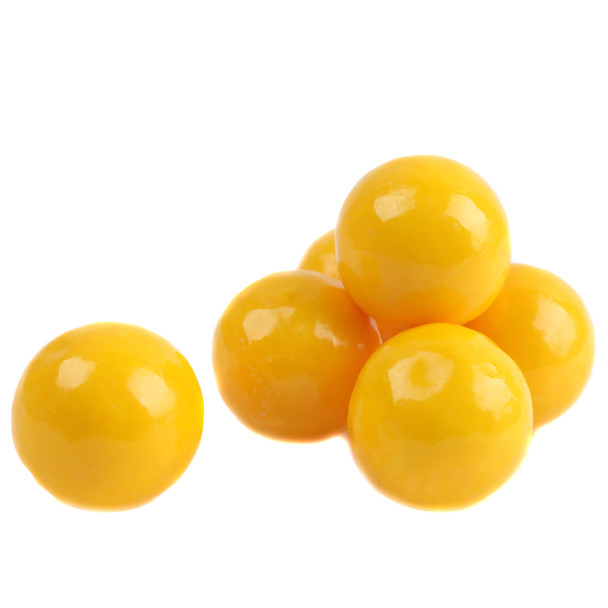 Vibrant yellow gumballs, approx 60 per pound, bursting with delightful banana flavor. Great for vending machines.