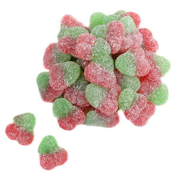 Bright red, cherry-shaped Sour Patch Kids Cherry candies. Boldly sour, sweet cherry flavor, approx. 100 per pound.