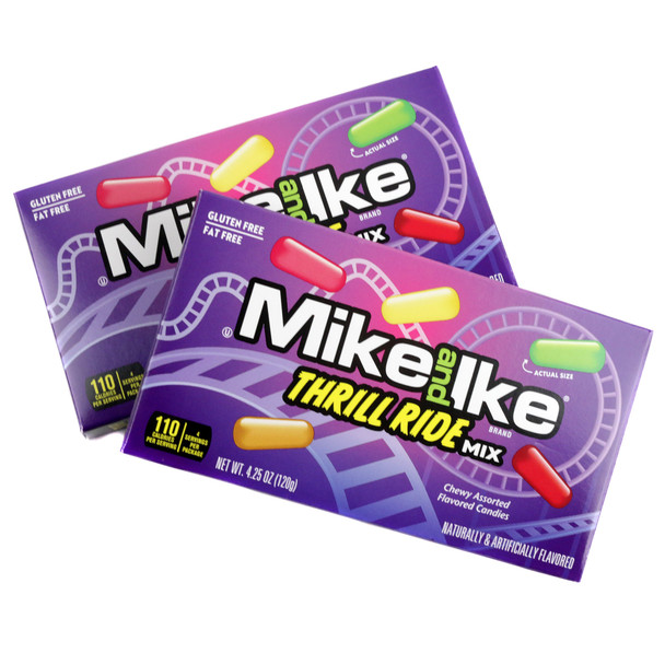 Mike and Ike Thrill Ride Mix, 12 colorful theater boxes, each 4.25oz, filled with assorted chewy carnival candy.