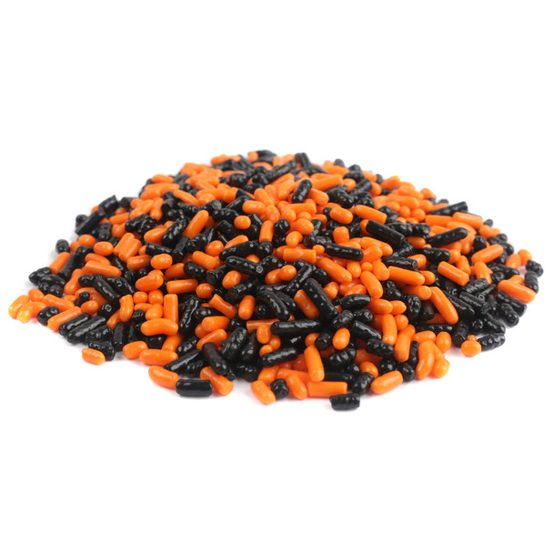 Bright orange and black Halloween sprinkles, assorted fun shapes for topping cakes, cupcakes, cookies.