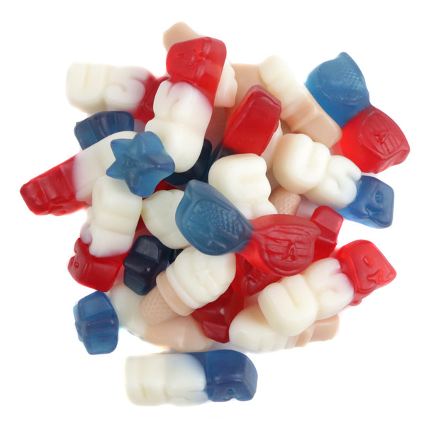 Albanese US of Yay Gummies, red, white, blue lemonade, strawberry, blue raspberry flavored, 75 pieces per pound.