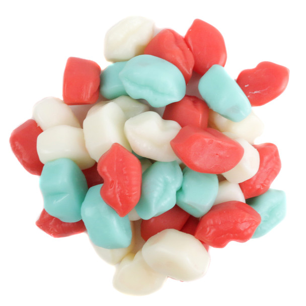 Albanese Liberty Lips Gummies, red white blue lip-shaped lemonade candy, approx 130 pieces per pound.