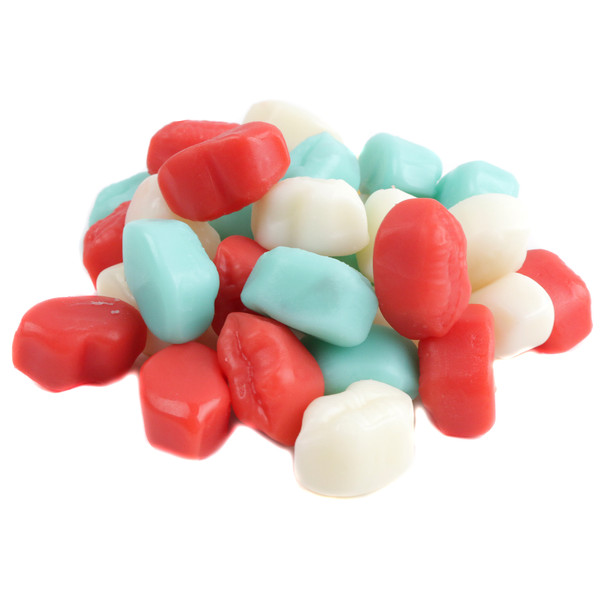 Albanese Liberty Lips red, white, blue lip-shaped summer gummies, approx 130 patriotic pieces per pound.
