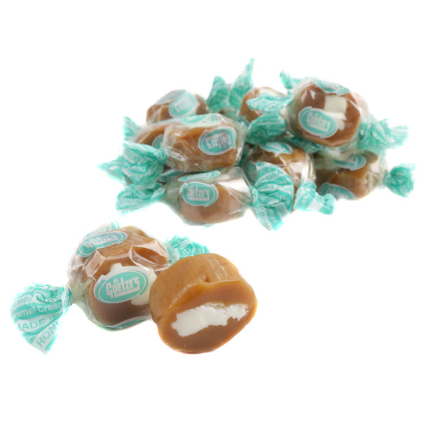 Goetze's Honey Bun Caramel Creams candy, golden glazed chewy caramel, white cream center, 40 pieces per pound.