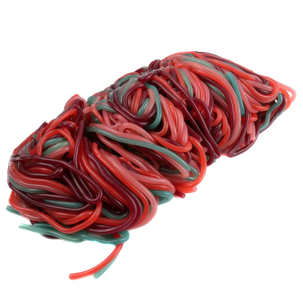 2-lb bag vibrant red, blue, purple Very Berry Mix Shoestring Licorice Laces, approx. 100, 30-inch chewy berry strings.
