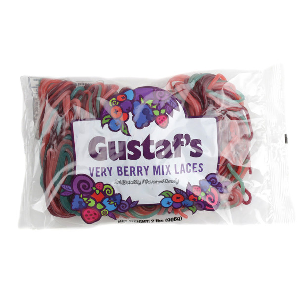 2 lb Very Berry Mix Shoestring Licorice Laces, 100 red, blue, purple, chewy candy strings.