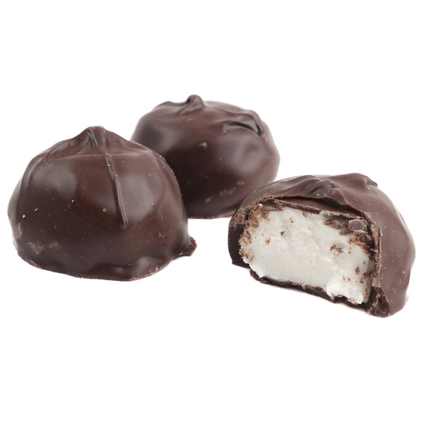 Approx. 28 Asher's sugar-free dark chocolate covered vanilla marshmallows, rich brown chocolate, fluffy white.