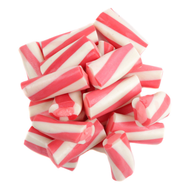 Vibrant red & white Fini Strawberry & Cream Tornado Licorice Bites, chewy, approx 32 pieces per pound.