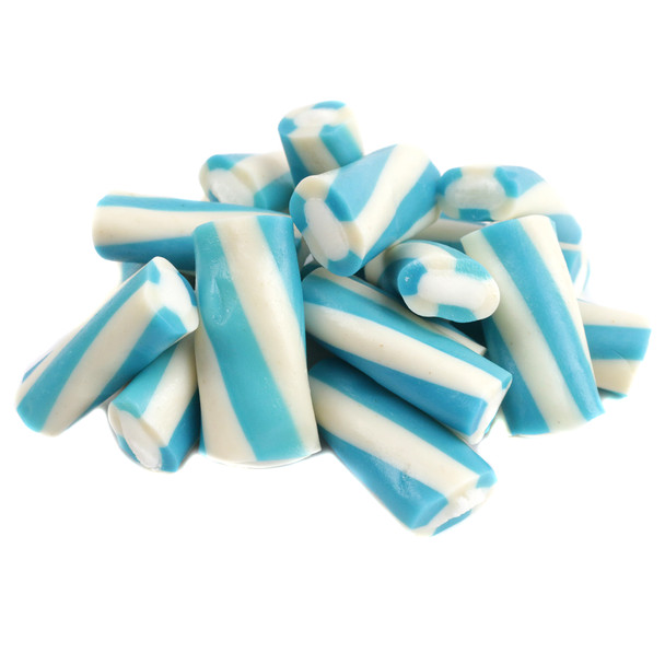 Vibrant blue raspberry & cream tornado licorice bites, chewy with a striking blue & white swirl, tangy sweet candy.