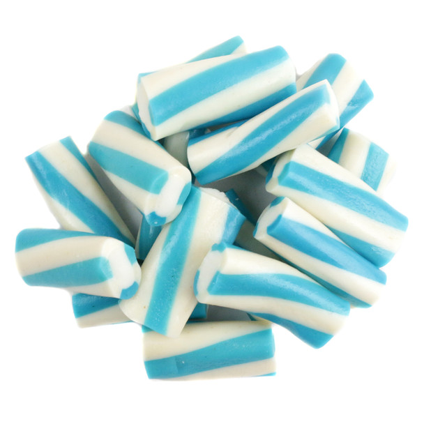Blue Raspberry & Cream Tornado Licorice Bites, vibrant blue and creamy white swirl, soft chewy candy, approx 32 pieces per pound.