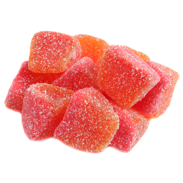 Fini Sweets Spicy Mango Gummy Slices, vibrant orange, sugar-dusted, approx 70 chewy slices per pound. Sweet & spicy.