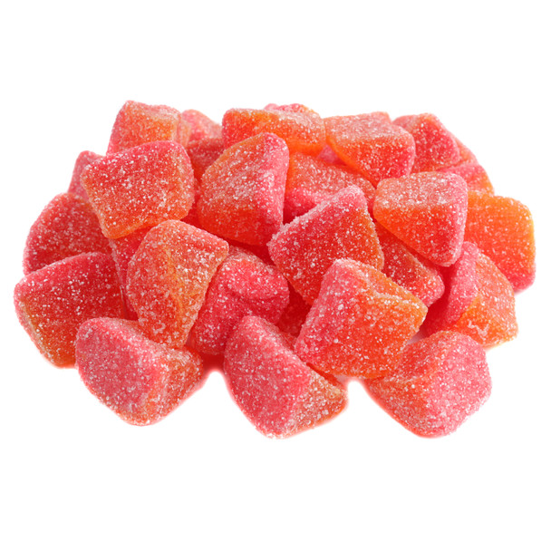 Fini Sweets Spicy Mango Gummy Slices, vibrant mango color, soft, chewy, sugar-dusted, sweet & spicy, approx. 70 per pound.