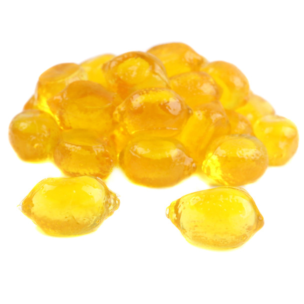 Bulk yellow 3D Gummy Lemons, realistic lemons, soft, chewy, juicy sweet, tangy flavor, filling center.