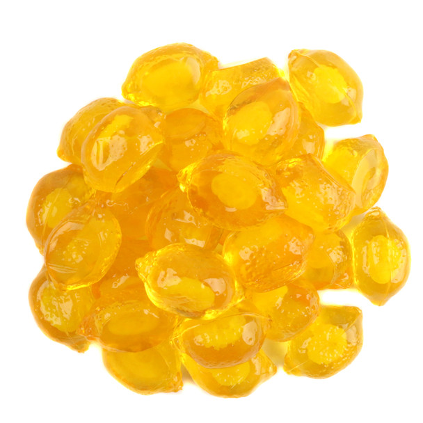 3D Gummy Lemons, realistic yellow lemon shape, soft chewy texture, tangy sweet juicy filling, approx 110 pieces per pound.