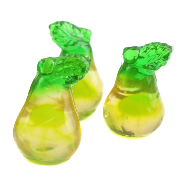 Vibrant 3D Gummy Pears, soft and chewy, in realistic pear shapes. Approx 120 per pound, bursting with fruity flavor.