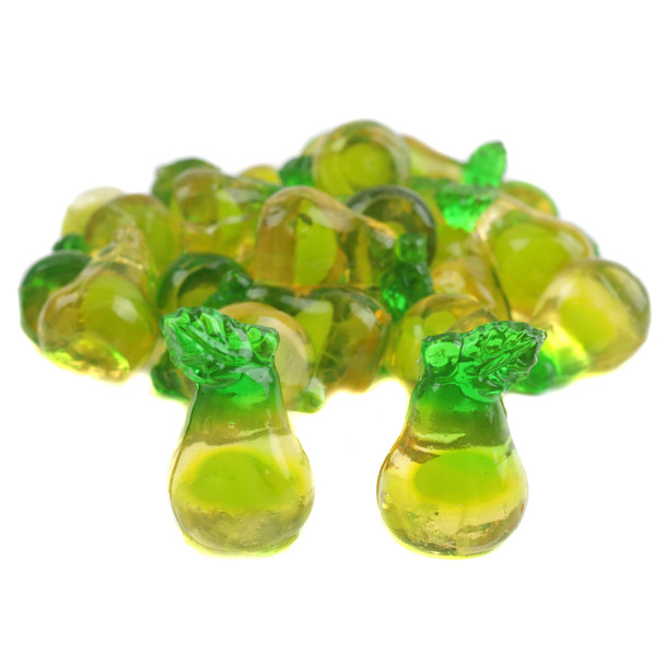 Vibrant 3D Gummy Pears, soft, chewy, realistic pear shape, bursting with fruity flavor. Approx 120 per pound.