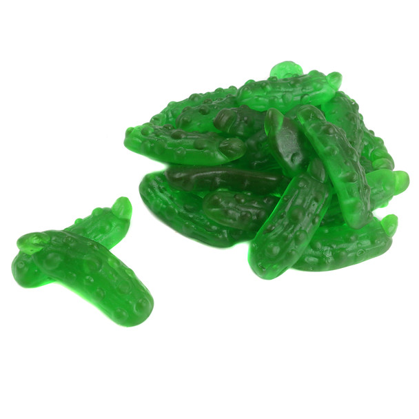 Deep green, oversized Gummy Pickles, 2 inches long, with sweet and tangy dill flavor. Approximately 64 per pound.