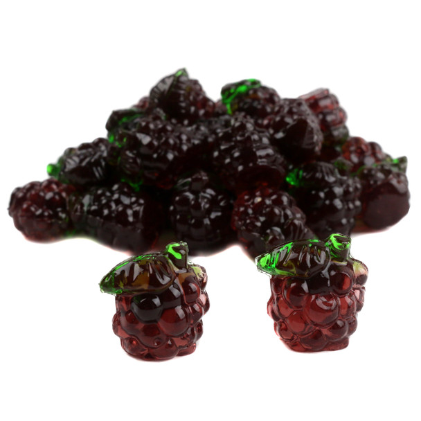 Purple 3D Gummy Grapes, round and plump, with a translucent exterior and soft center, approx. 110 per pound.