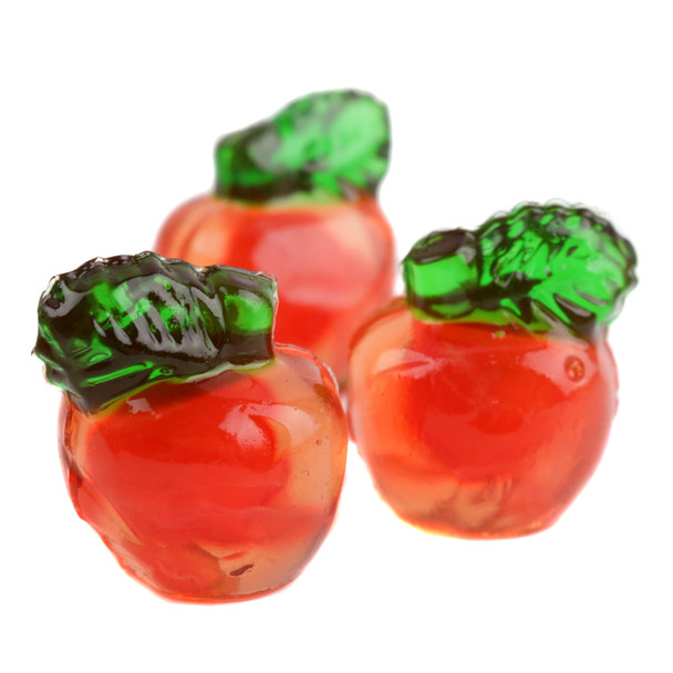 Vibrant red 3D Gummy Apples with green leaves, firm exterior, juicy soft center, red apple flavor. Approx. 110 per pound.