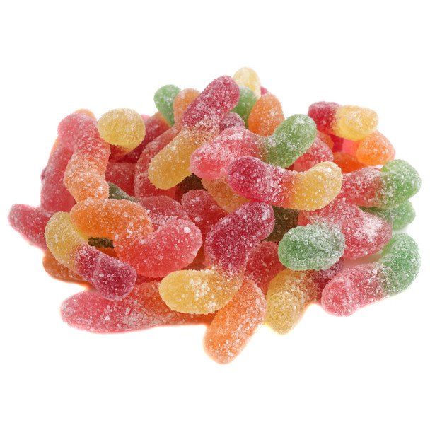 Vibrant, naturally colored sour mini gummy worms, approximately 200 per pound, in red, orange, yellow, and green.