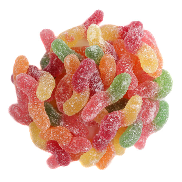Natural sour mini gummy worms, approx 200 per lb, in vibrant yellow, red, orange, green fruit colors.