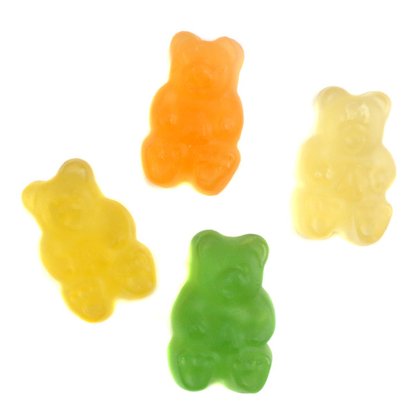Natural Island Tropical Gummy Bears, natural colors, assorted mango, orange, pineapple, watermelon, approx 130 per pound.