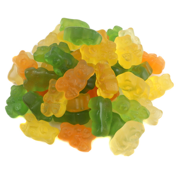 Natural Island Tropical Gummy Bears, 130 per pound, colorful mango orange pineapple watermelon fruit flavors.