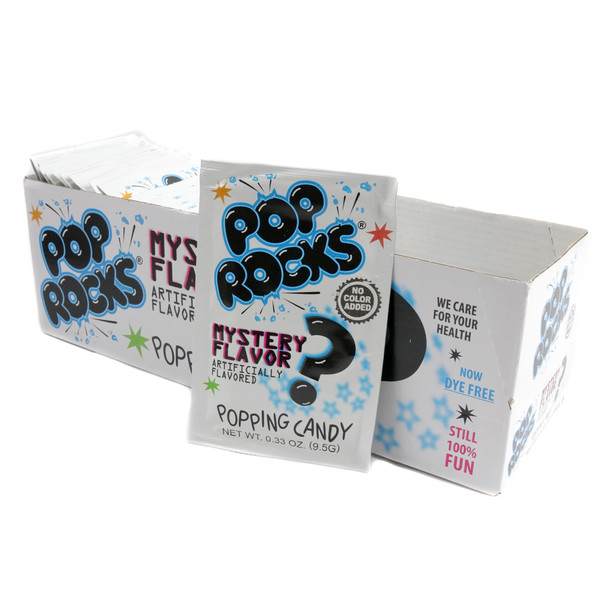 Pop Rocks Mystery 24 pack, vibrant box, 24 colorful individual popping candy packs.