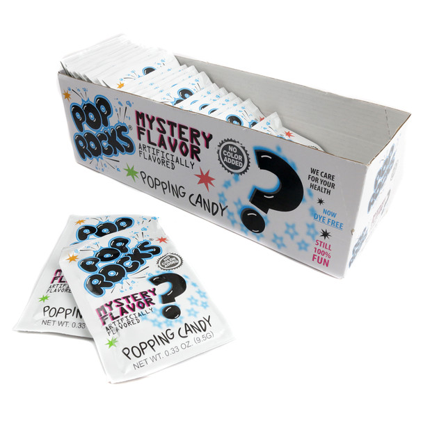Pop Rocks Mystery 24-pack box, colorful individual popping candy packs, bold sweet unknown flavors.