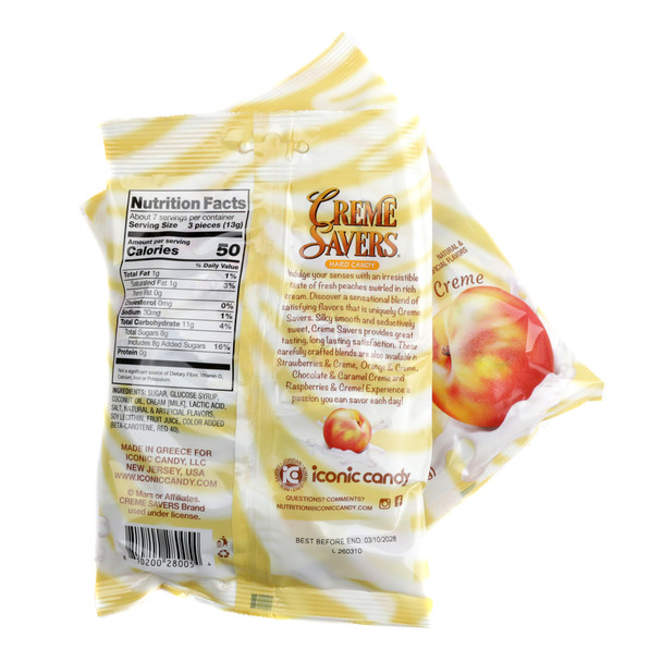 3oz bag Creme Savers Peaches & Creme hard candy, showing orange, yellow, and white swirled pieces.
