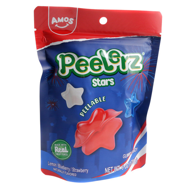 Peelerz Red, White, Blue Gummy Stars, 6oz bag. Approx 36 peelable, multi-layered candy pieces.