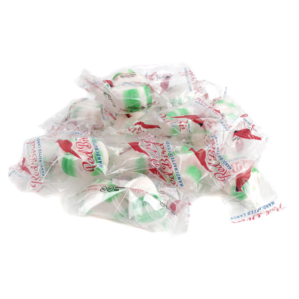Red Bird Wintergreen Puffs, white, individually wrapped, soft, airy, refreshing cool wintergreen. Approx 65 per pound.