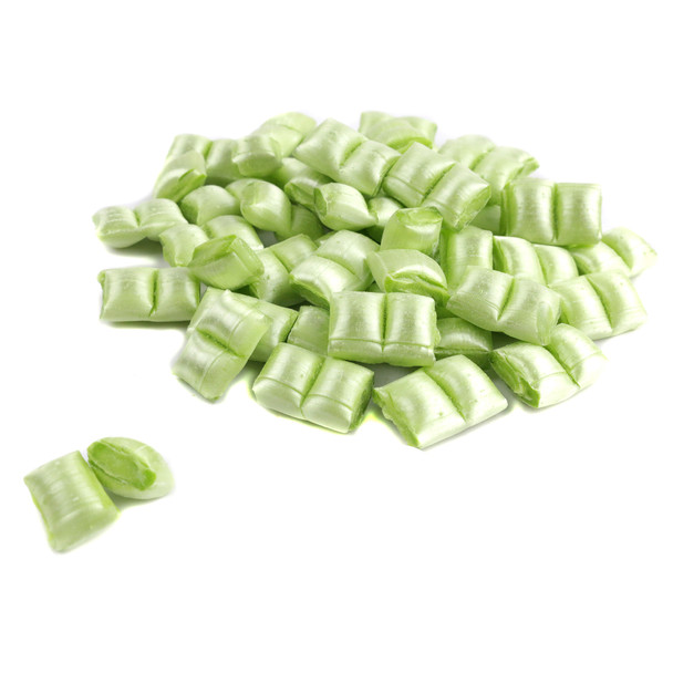 Light Green Peppermint Maiden Kisses, pastel pillow-shaped candy drops. Approx. 450 per pound, crisp mint flavor.