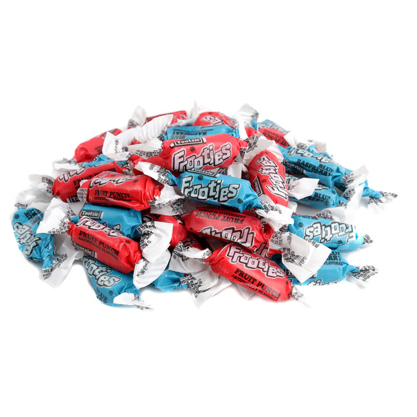 Red and blue Frooties mix, chewy candies, individually wrapped, fruit punch and blue raspberry flavors, approx 140 per lb.