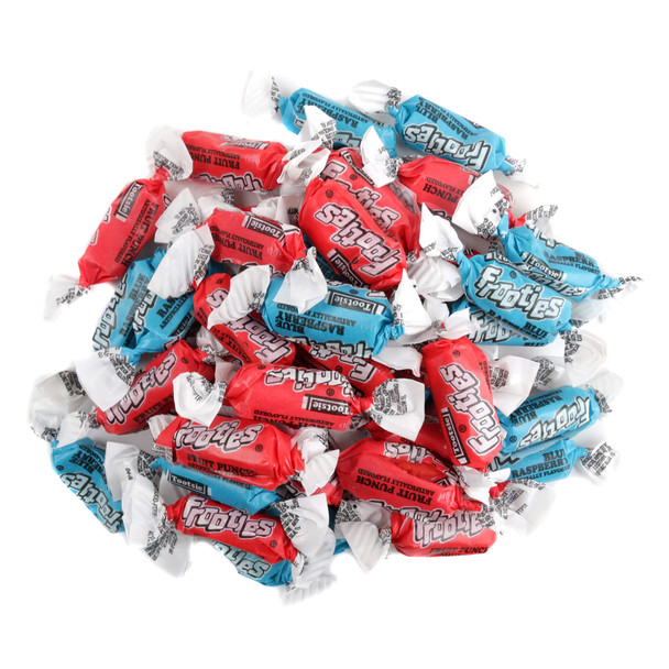 Red and blue Frooties mix, individually wrapped, chewy candies with fruit punch and blue raspberry flavors, approx 140 per pound.