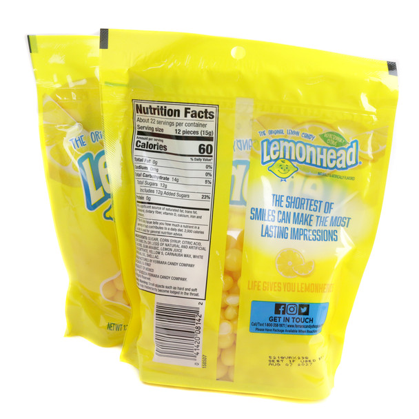 12 oz resealable bag of bright yellow, bite-sized Lemonhead Mini Candy, crunchy shell, bold sweet-tart lemon flavor.