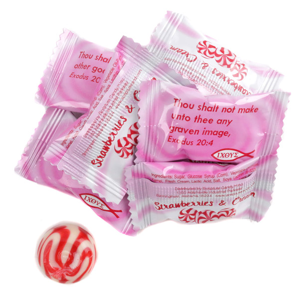 Scripture Candy strawberry cream swirled hard candy, ~72 individually wrapped pieces with scripture. Red, white, pink.
